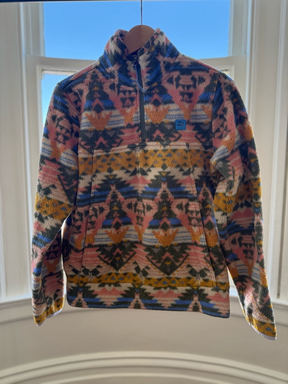Billabong Women’s Zip-Up Aztec Fleece Pullover - Pink, Blue, Yellow, Brown
